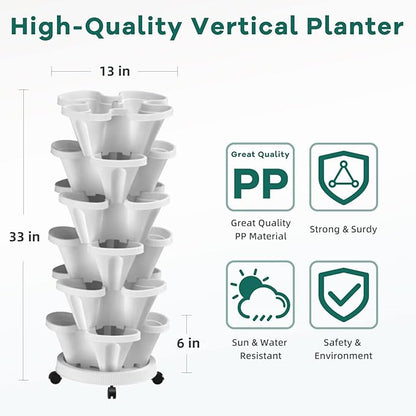 6 Tiered Strawberry Vertical Planters, Stacking Tower Garden with Support Pole, Stackable Herb Vegetable Planters Indoor and Outdoor - White