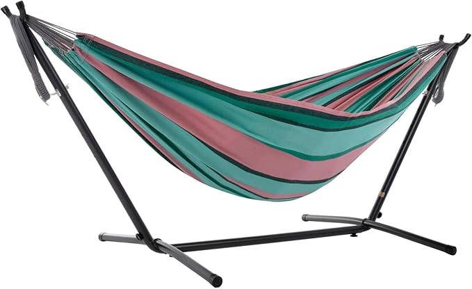 Vivere Double Cotton Hammock with Space Saving Steel Stand, Upgraded Polyester End Strings 450 lb Capacity - Premium Carry Bag Included - USA Grown Cotton (Watermelon)