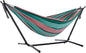 Vivere Double Cotton Hammock with Space Saving Steel Stand, Upgraded Polyester End Strings 450 lb Capacity - Premium Carry Bag Included - USA Grown Cotton (Watermelon)