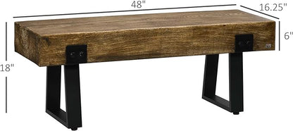 HOMCOM Garden Bench with Metal Legs, Rustic Wood Effect Concrete Entryway Bench, End of Bed Bench, Indoor Outdoor Use for Patio, Park, Porch and Lawn, Natural and Black