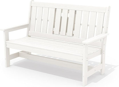 SERWALL Outdoor Bench with Cup Holder, 58" HDPE Garden Park Bench Suitable for 3 Person, All Weather Patio Benches with High Backrest and Wide Armrests for Garden, Park, Yard, Front Porch, White