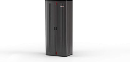 Suncast 19 Cubic Ft. Heavy-Duty Resin Cabinet with Lockable Handles, Multi-Wall Construction, and Metal-Reinforced Shelves for Basement, Utility Room and Garage Storage, Black, Made in the USA