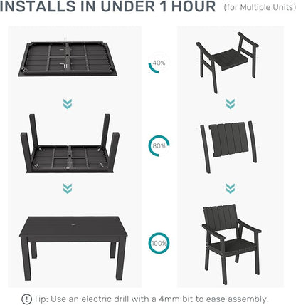 ZHUSI Patio Table and Chairs Set, Outdoor Table and Chairs,HDPE Outdoor Dining Set with Umbrella Hole for Backyard, Poolside, Porch (Black, 5 PCS)