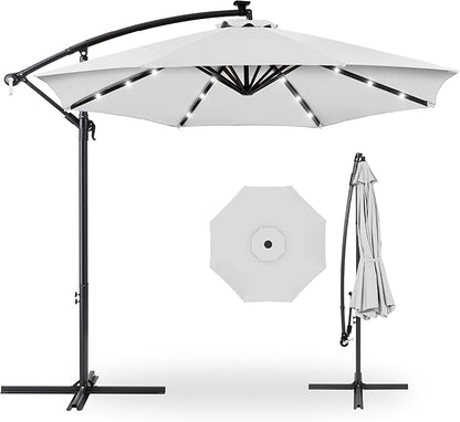 Best Choice Products 10ft Solar LED Offset Cantilever Hanging Market Patio Umbrella, 8 Sturdy Ribs, Easy Adjustment - Fog Gray