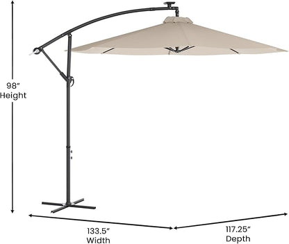 Flash Furniture Sedona Round Solar Cantilever Umbrella, Commercial Grade with Built in Cross Base, Crank and Tilt, 32 LED Lights, 6 Hour Run Time, 10 FT, Tan