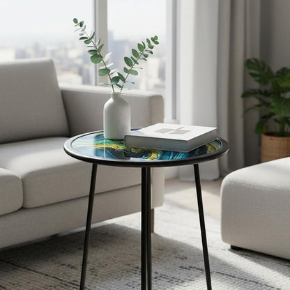 LIFFY Patio Side Tables,12" Indoor Outdoor Metal Side Table with Glass Tabletop,Round Decorative Plant Stand & Accent Table for Garden, Yard, Balcony, Backyard, Porch