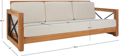 SAFAVIEH Couture Outdoor Patio Furniture Collection – Curacao 3-Seat Patio Sofa, Brazilian Teak Wood Frame with Removable White Cushions, Modern Outdoor Seating (CPT1010A)