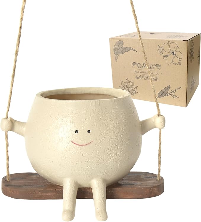 Swing Face Planter Pot Hanging Resin Flower Head Planters for Indoor Outdoor Plants Succulent Pots for String of Pearls Plant Live Gift Ideas for Mother, Christmas