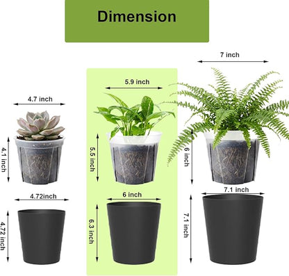 3 Pack of 6in Plastic Cachepot with 6 inch Clear nusery Pot - self Watering Indoor Planter with Drainage for Root Visibility,semi Hydro pots for repotting Orchids,Aroid or Monstera,Black