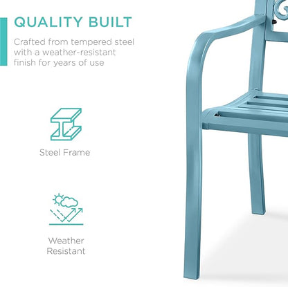 Best Choice Products Outdoor Bench Steel Garden Patio Porch Furniture for Lawn, Park, Deck w/Floral Design Backrest, Slatted Seat - Sky Blue