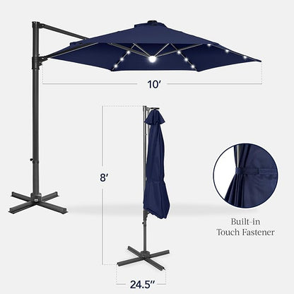 Best Choice Products 10ft Solar LED Offset Cantilever Hanging Market Patio Umbrella, Smooth 360° Rotation, 8 Sturdy Ribs, Easy Adjustment - Navy Blue