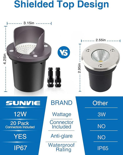 SUNVIE 12 Pack Low Voltage Landscape Lighting 12W LED Outdoor In-Ground Waterproof Shielded Well Lights Warm White Paver Lights with Wire Connectors for Pathway Garden Yard Fence Deck