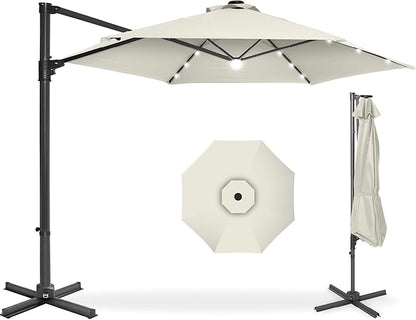 Best Choice Products 10ft Solar LED Offset Cantilever Hanging Market Patio Umbrella, Smooth 360° Rotation, 8 Sturdy Ribs, Easy Adjustment - Ivory