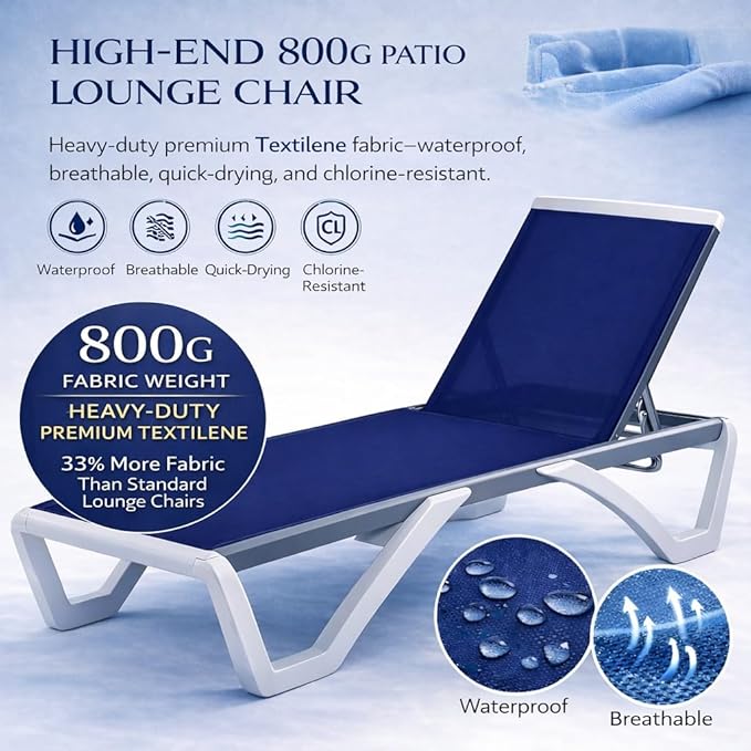 Kozyard Outdoor Chaise Lounge Chair, Full Flat Adjustable Patio Lounger with Aluminum Frame & Resin Legs, Textilene Fabric for Poolside, Backyard & Beach (NavyBlue Without Table)