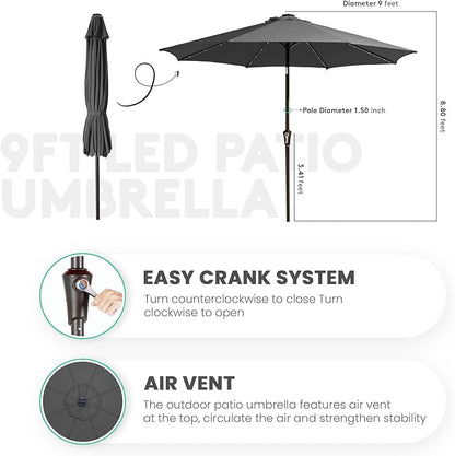 JEAREY 9FT Outdoor Patio Umbrella with Solar Lights, LED Lighted Pool Umbrella with Tilt and Crank, Outdoor Table Umbrellas for Deck, Yard & Market (Dark Gray)