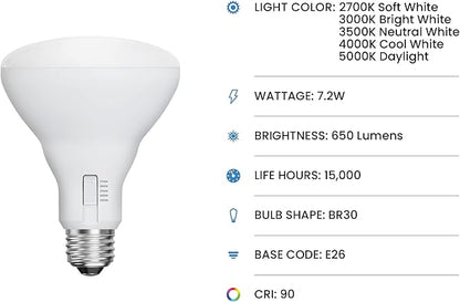 Feit Electric BR30 LED Flood Light Bulb, 65W Equivalent, Dimmable, 5CCT, Adjustable White, 650 Lumens, Indoor/Outdoor Residential & Commercial Use, 17,000-Hour Lifespan, BR3065DM5CCTCA15K/6, 6-Pack