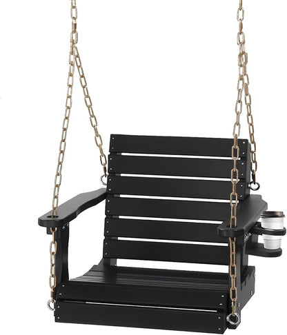VINGLI Heavy Duty 880 LBS HDPE Porch Swing Outdoor with Rotatable Cup Holder, with Adjustable Chains, 1 Person Hanging Porch Swing Chair for Porch, Yard, Tree, Garden - Black