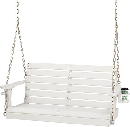VINGLI Heavy Duty 1600 LBS HDPE Porch Swing Outdoor with Rotatable Cup Holder, 4 FT Patio Bench Swing with Adjustable Chains, 2 Person Hanging Porch Swing Chair for Porch, Yard, Tree, Garden - White