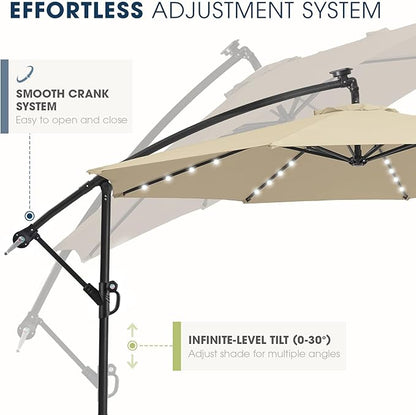 wikiwiki 10ft Solar LED Patio Umbrella with Base Included, Offset Umbrella with Weighted Sandbag Base, Cantilever Patio Umbrellas for Backyard, Garden & Deck, 32 LED Lights & Polyester Shade, Beige