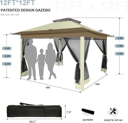 COBIZI 12x12 Pop up Gazebo on Clearance with Mosquito Netting & Sandbags, Outdoor Canopy Tent with 4 Ropes 8 Stakes & Portable Carrying Bag, Patio Portable Gazebo for Garden Backyard & Lawn, Beige
