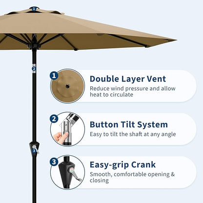 Garvee 9FT Patio Umbrella - Outdoor Table Umbrella with Smooth Crank Lift, Push Button Tilt and 8 Sturdy Ribs - Market Umbrella UV Protection Waterproof for Pool, Deck, Yard, Garden (Tan)