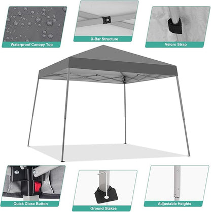 Canopy Tent, 10X10 FT Pop Up Canopy Outdoor Instant Tent Slant Legs with Carrying Bag, Portable Gazebo Shelter for Patio Deck Garden and Beach - 8X8 FT Canopy Cover (Dark Grey)