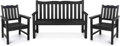 Stoog All-Weather Outdoor Bench & Chairs Set, 3-Piece Patio Furniture Set, Include 1 Garden Bench and 2 Garden Chairs, Never Rot or Fade, Black