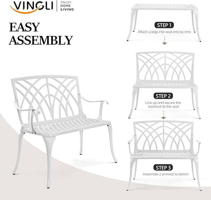VINGLI 38" Outdoor Bench Cast Aluminium Garden Bench, Orchid Porch Benches Patio Benches Deck Furniture for 1-2 Person Seat(White)