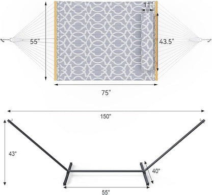 2 Person Outdoor Hammock with Stand, Cotton Rope Hammock with Polyester Pad, Adjustable Steel Frame, Portable with Carrying Bag – for Patio, Backyard, Garden, Beach, White-Gray
