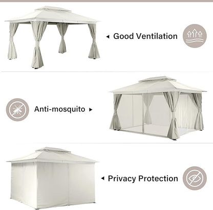 LAUSAINT HOME Semi-Permanent Outdoor Patio Gazebo 10'x13', Heavy Duty Party Tent Shelter with Double Roofs, Mosquito Nettings and Privacy Screens for Backyard, Garden, Lawn, Cream White