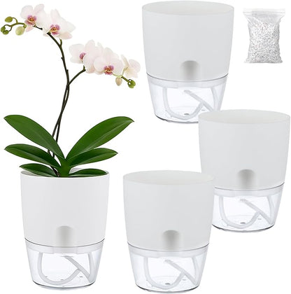 Planterhoma 3 Pack Self Watering Pots for Indoor Plants, 6 Inch Plant Pot Plastic Self Watering Planter for Orchid, African Violet, Small Clear Flower Pots with Drainage Holes and Wicking Rope, White