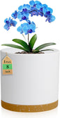 8 Inch Cylinder Flower Pots for Indoor Outdoor Plants, Medium Deep Plant Pots with Drainage Holes & Saucer, Decorative Plastic Planter Pots for Garden House Plants, White with Brown