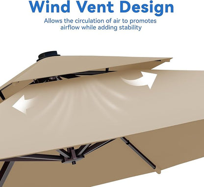 10x13FT Beige Brown Cantilever Outdoor Patio Umbrella with Base, Large Rectangular Offset Design, Double Top Heavy Duty Aluminum Frame & 360° Rotation for Pool Garden Deck Backyard