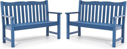 Stoog Outdoor Benches Set of 2, 2-Person All-Weather HIPS Garden Bench with 800 lbs Weight Capacity, Never Rot or Fade, Used for Patio, Deck, Backyard, Blue