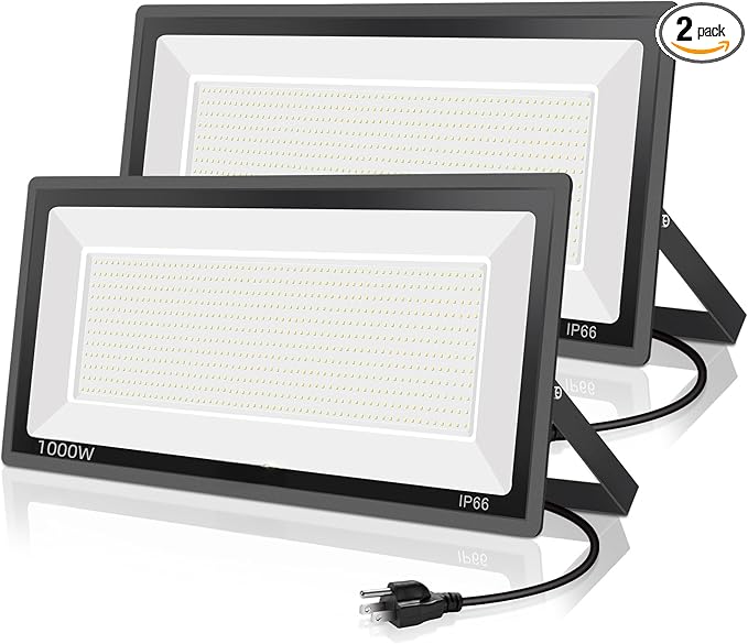 2 Pack 1000W LED Flood Light Outdoor,4250W Equivalent Super Bright 99500LM 5000K Daylight White FloodLight with Plug,IP66 Waterproof Commercial Lighting for Sports Fields,Counts,Arena,Stadium