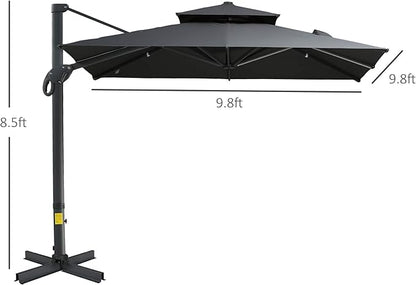 Outsunny 10ft Offset Patio Umbrella, Hanging Cantilever Umbrella, Square Shape, Aluminum Cross Base, Tilt, 360-Degree Rotation