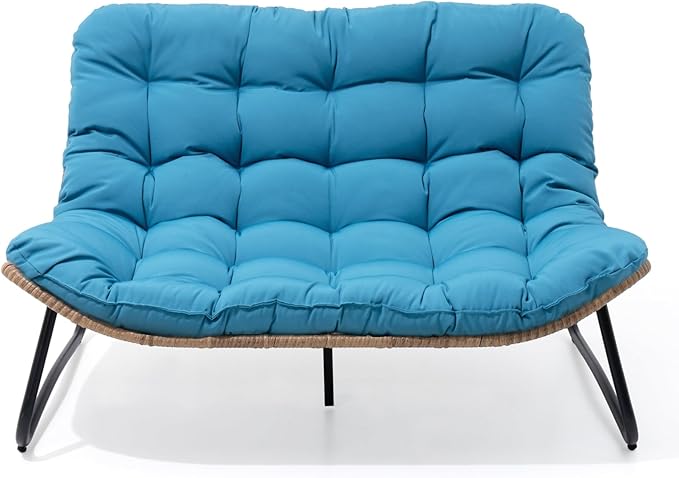 Crestlive Products Patio Loveseat, All-Weather Rattan Large Furniture with Soft Cushions, Outdoor Loveseat for Balcony, Poolside, Backyard (Blue)