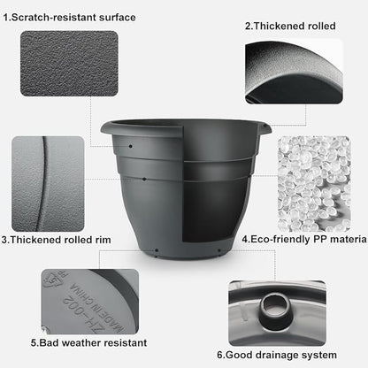 3 Pack Large 16 Inch Plastic Plant Pots for Outdoor Plants,Durable & Lightweight Flower Pots with Drainage Holes,Weather-Resistant Large Planters for Patio Garden(Gray)