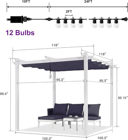 PURPLE LEAF 10' x 10' Outdoor Aluminum Pergola White Heavy-Duty Retractable Pergolas Patio Metal Pergola with Double Sun Shade Canopy and Light for Backyard Gardens Deck, Navy Blue
