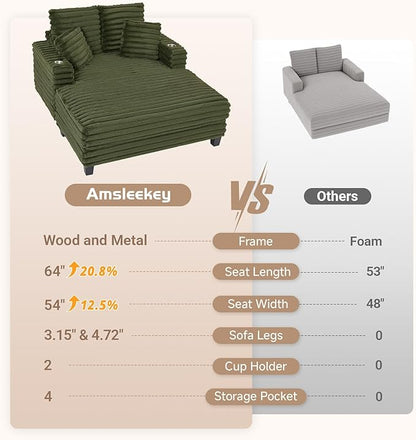 64" Chaise Lounge Chair Indoor, Oversized Sleeper Chair with Wood Frame, Upholstered Sofa Bed for Living Room, Movie Room, Bedroom with 4 Storage Pockets&2 Cup Holders(Plush Corduroy, Green)