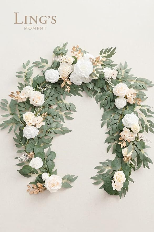 Artificial Flower Garland, 6 Ft Eucalyptus and Willow Leaf, White Beige
