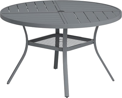 VICLLAX Round Patio Table with Adjustable Umbrella Hole for 6, All Weather Metal Outdoor Dining Table for Lawn Garden, 47.2" Outdoor Coffee Table, Grey Tabletop