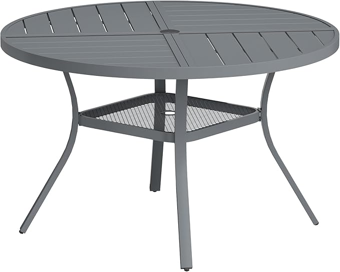 VICLLAX Round Patio Table with Adjustable Umbrella Hole for 4, All Weather Metal Outdoor Dining Table for Lawn Garden, 40.6" Outdoor Coffee Table, Grey Tabletop