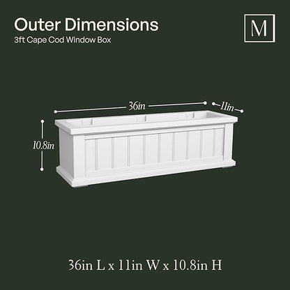 Mayne Cape Cod 3ft Window Box - White - 36in L x 11in W x 10.8in H - with 6.5 Gallon Built-in Water Reservoir (4840-W)