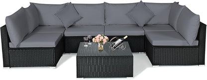 Tangkula 7-Piece Patio Furniture Set, Outdoor Sectional Sofa with Pillows and Cushions, Wicker Conversation Set with Coffee Table and Tea Table for Garden, Lawn (Grey)