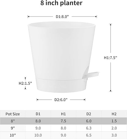 FaithLand 2-Pack 8 Inch Planter Pots for Indoor Outdoor Plants, Self Watering Flower Pots with Deep Reservoir, White …