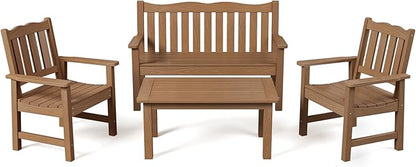 Stoog HIPS Outdoor Patio Dining Set, 4-Piece All-Weather Garden Bench, Chairs and Table Set, Patio Dining Set for Backyard, Lawn, Deck and Porch, Teak