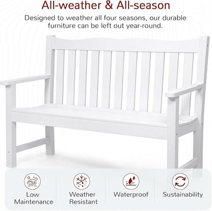 Stoog 2-Person Outdoor Bench, All-Weather HIPS Plastic Garden Bench with 800 lbs Capacity, Never Rot or Fade, Used for Garden, Deck, Backyard and Park, White