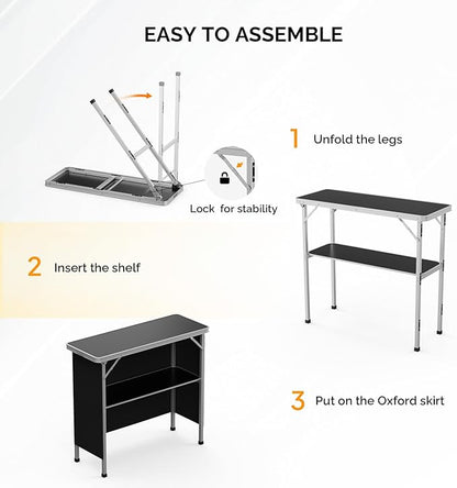 VINGLI Portable Bar Table, 2-Tier Shelves, Mobile Bar Table for Events, Party, Camping, Picnic, Tradeshow, Indoor with Black Skirt, 39 "L x 34" H