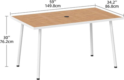 DWVO Patio Table Rectangle 59"x34.2", Patio Dining Table for 6 Weather-Resistant Outdoor Table with Umbrella Hole, Steel Frame, Adjustable Feet for Outdoor/Indoor
